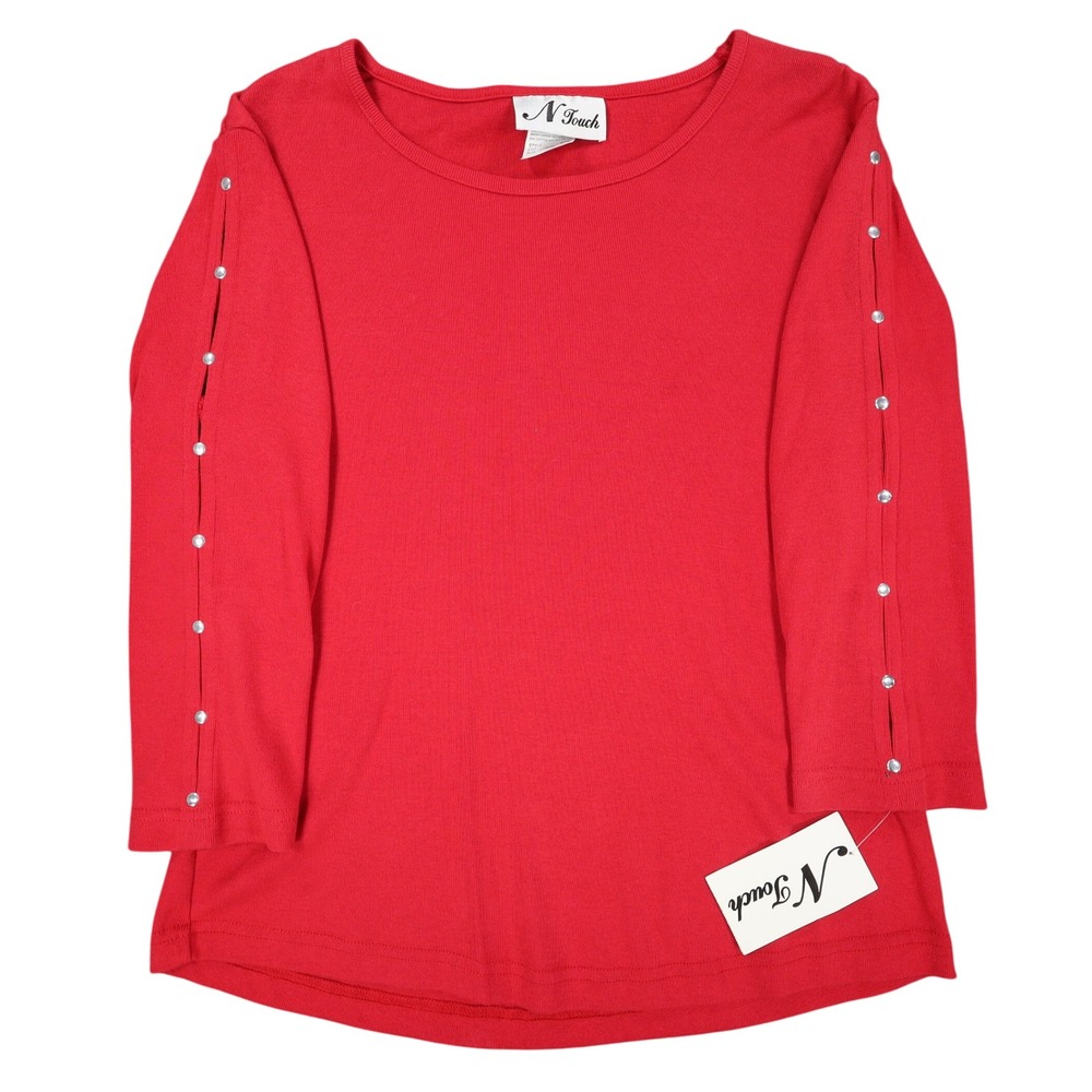 N Touch Top Womens Small Red Cotton Blend Rhinestone Split Sleeve Macintosh